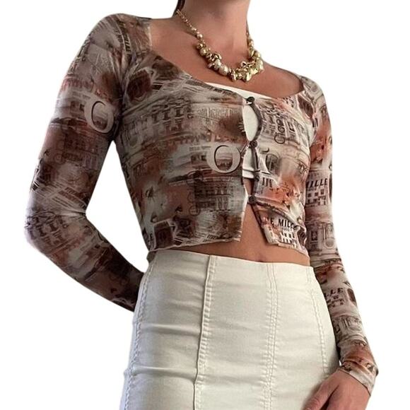 Y2K Mesh Crop Top Long Sleeve Fitted Cropped Shirt Sz Small Brown, Cream, Orange - Picture 1 of 12